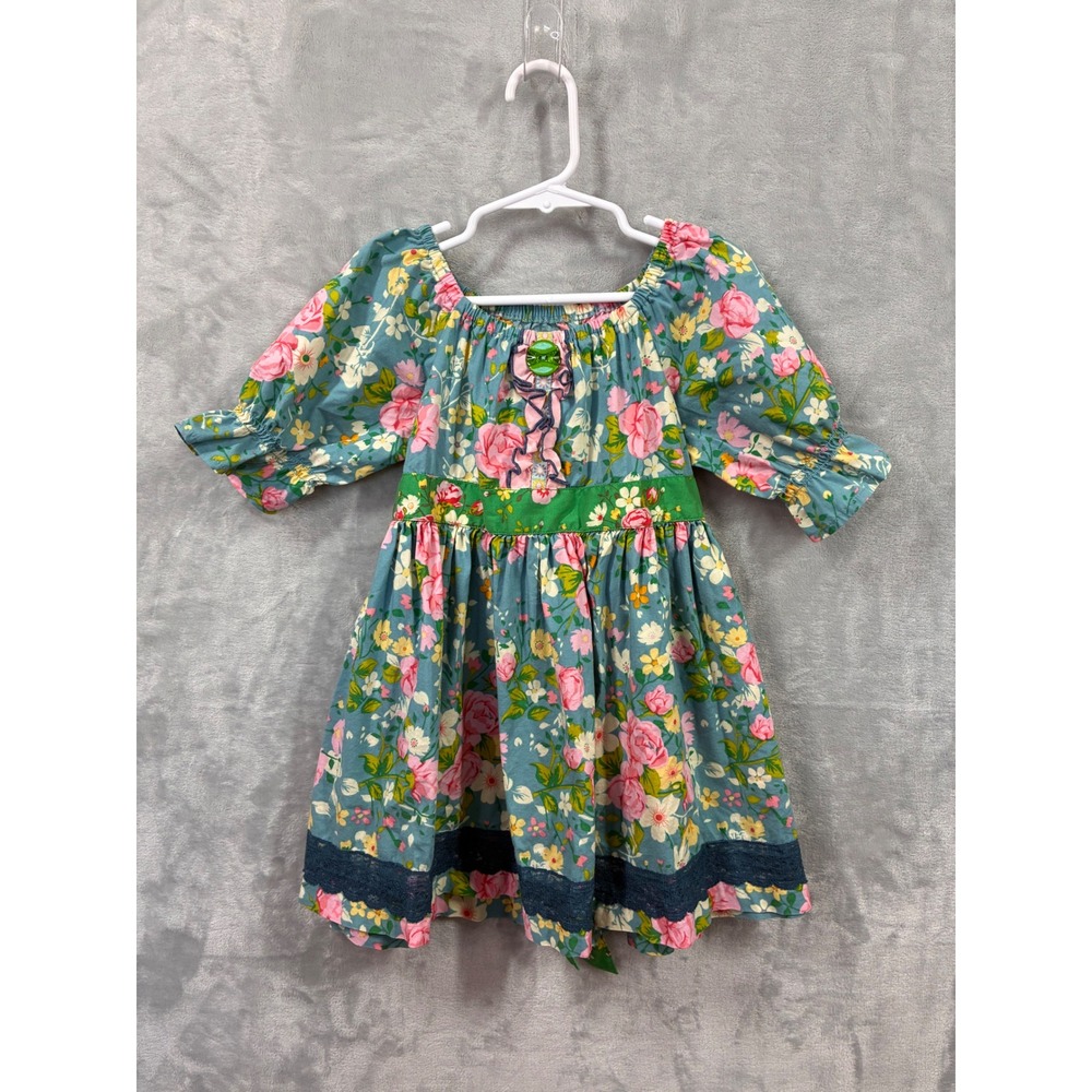 Matilda Jane Girls Teal Pink Floral Lace Trim Peasant Dress Size 6 T13124